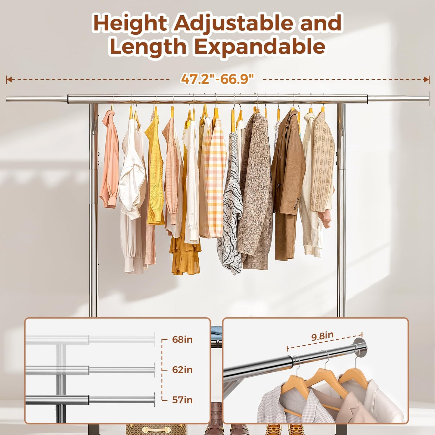 Luxspire Heavy Duty Clothes Rack Load 650 LBS, Double Rod Clothing Racks for Hanging Clothes, Rolling Garment Racks with Lockable Wheels, Shelves, Adjustable Laundry Hanging Rack, Silver