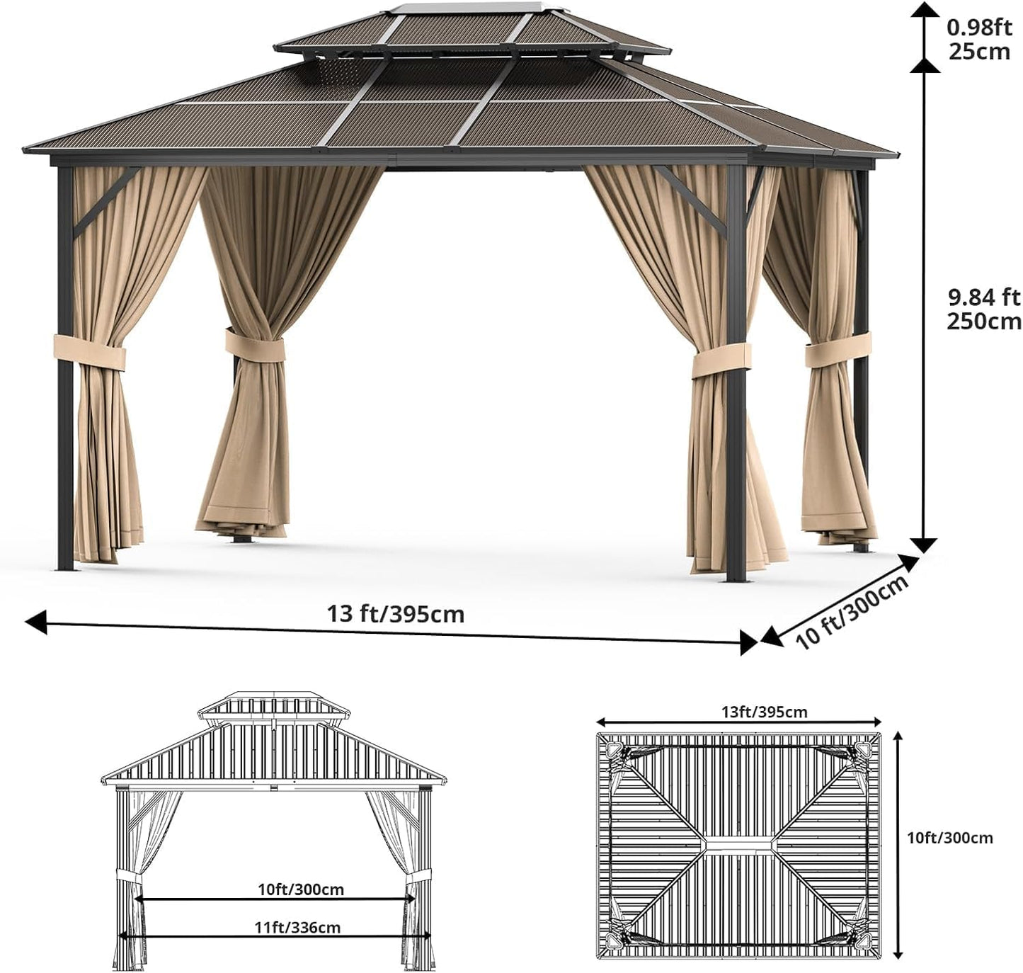 PeakPursuit 10x13FT Hardtop Aluminum Pergola Gazebo – Double Polycarbonate Roof – Heavy Duty Metal Frame – Mesh Netting, Curtains, All-Weather Outdoor Pavilion for Patio, Garden, Poolside – Khaki –