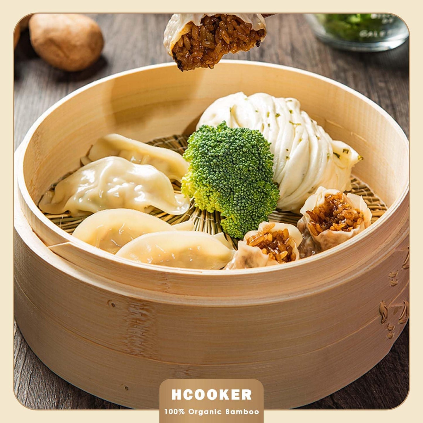 Hcooker Bamboo Steamer Basket Set, 8-Inch 2-Tier Steamer for Cooking, Chopsticks Liners Sauce Dish Dumpling Making Tools, Steaming Asian Food, Bao Buns, Meat, Dim Sum, Rice, Vegetable Steam Pot