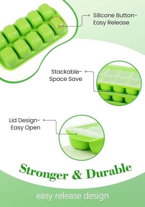 DOQAUS Ice Cube Tray - 4 Pack Stackable Silicone Trays with Lid & Bin | BPA Free for Easy Ice Release