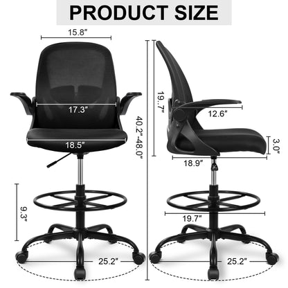 Primy Drafting Chair Tall Office Chair with Flip-up Armrests Executive Ergonomic Computer Standing Desk Chair with Lumbar Support and Adjustable Footrest Ring (Black)