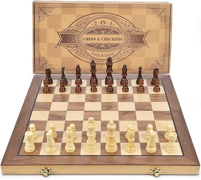 AMEROUS 15'' Magnetic Wooden Chess &amp Checkers Game Set -2 Extra Queens -24 Cherkers Pieces - Chessmen Storage Slots Beginner Chess Set for Kids and Adults Classic 2 in 1 Board Games