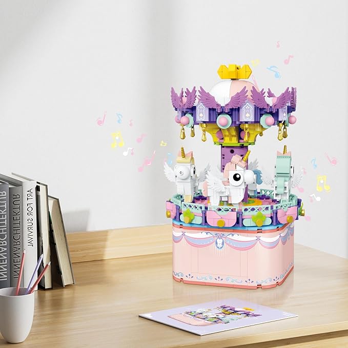 Music Box Building Toys Rotating Carousel DIY Building Block for Girls and Boys 6-12 Years Old 874 pcs STEM Construction Toy Valentine for Adults and Aged 8 9 10 11 12 Kids