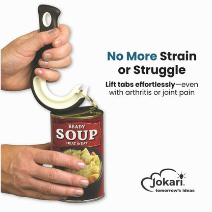 Jokari Ring Pull Can Opener for Soda and Food Cans Arthritis Aid with Non Slip Grip for Seniors Kids and Nail Protection Manual Pull Tab Tool for Easy Open Cans Black Dishwasher Safe