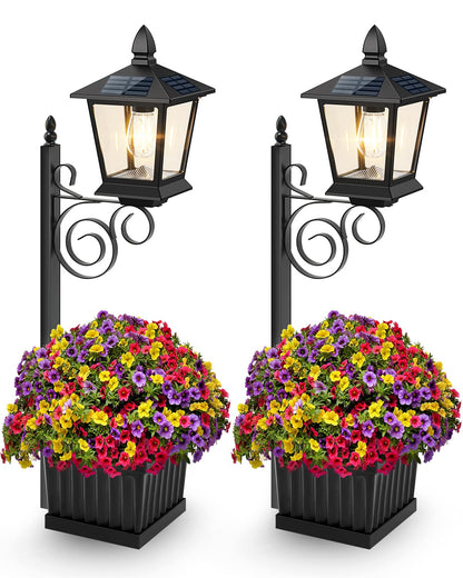 TOWPONICS Solar Lamp Post with Planter, 2-Pack, Waterproof, Metal, Black, Model SZ-24033, Ideal for Garden Decor and Patio Lighting