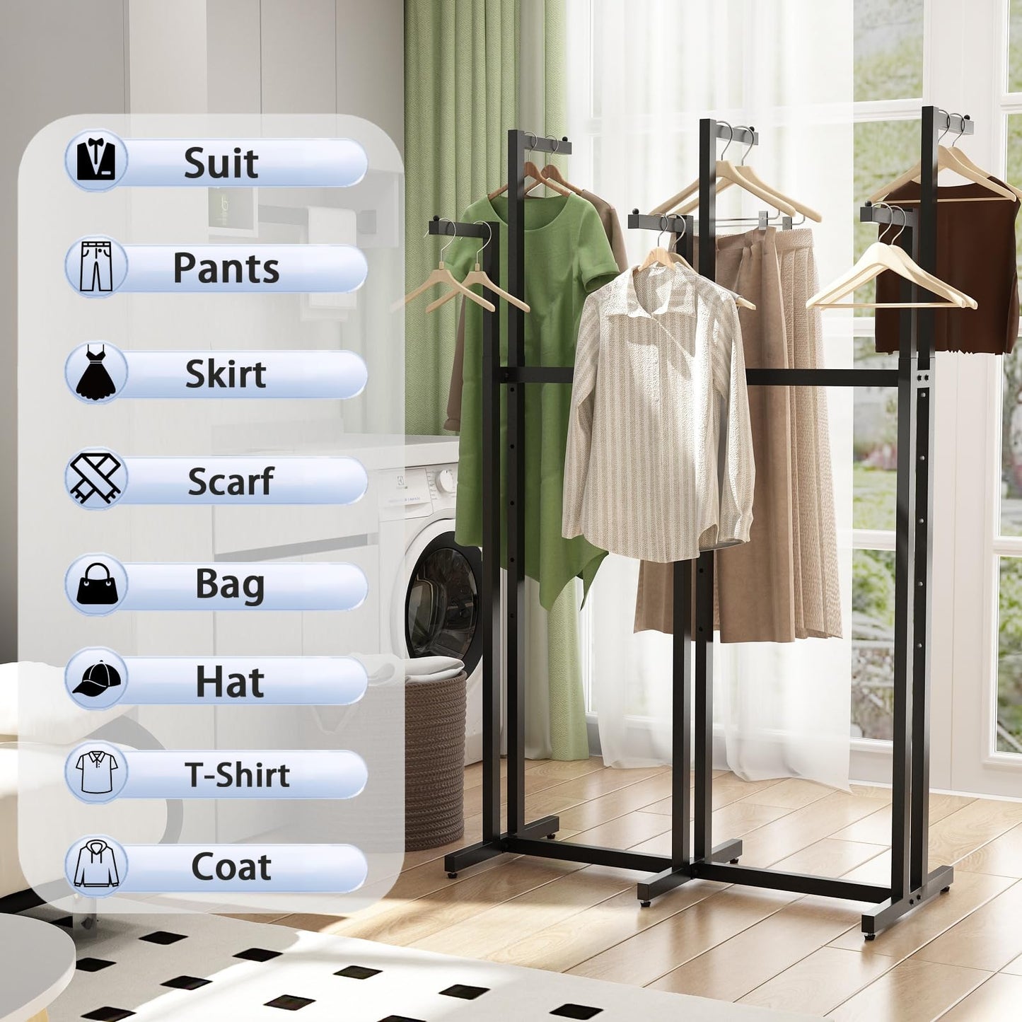 WTPLWD Black Clothes Rack with 6 Straight Arms, Metal Clothing Rack for Hanging Clothes, Freestanding Garment Rack Heavy Duty, 46" to 63" Adjustable Height Retail Clothing Rack for Boutiques Display