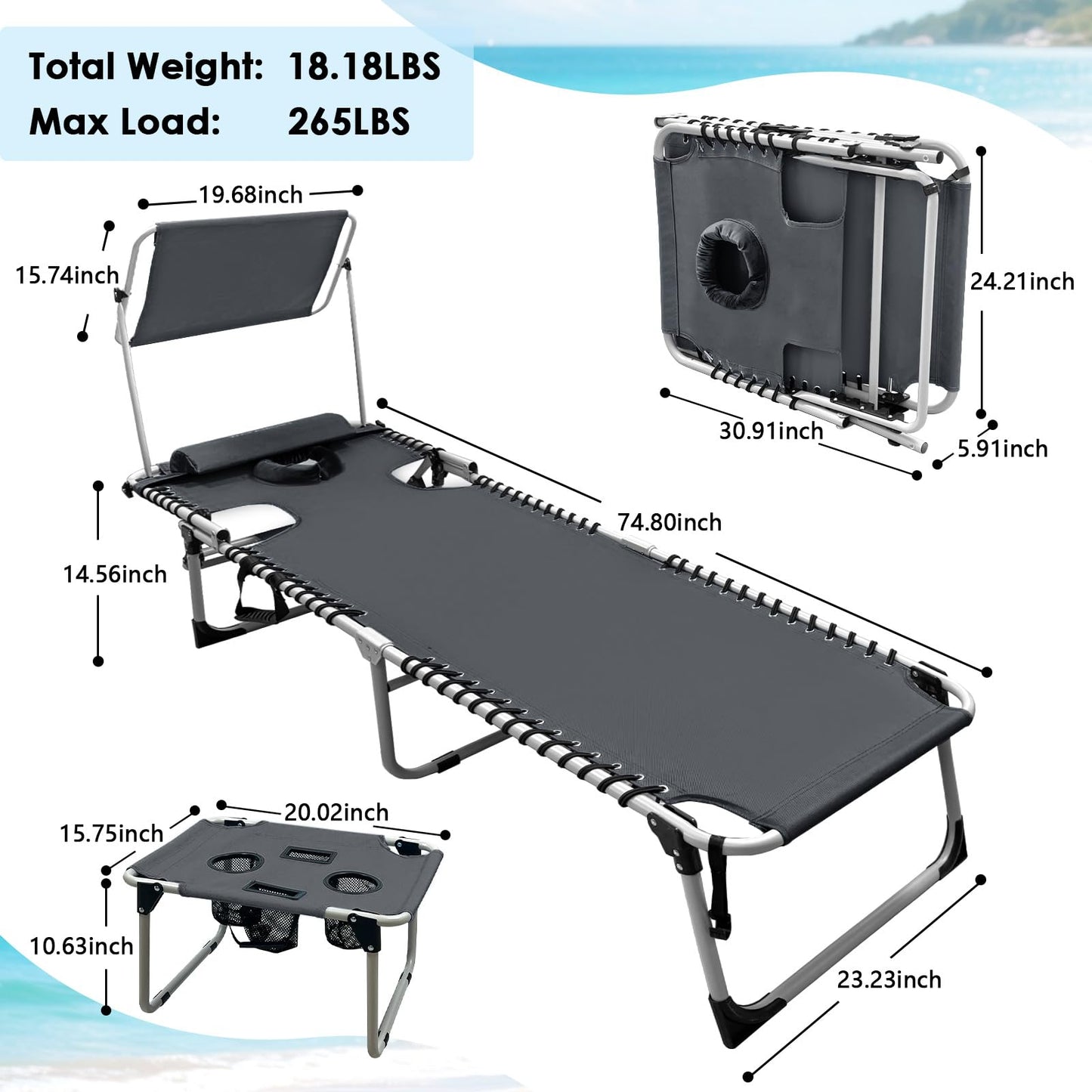 WKFAMOUT Outdoor Tanning Chair with Sun Canopy Shade & Face Hole, Folding Lounge Chair with Beach Table and Carry Bag for Poolside Sunbathing Lawn