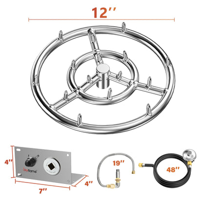Skyflame Jet Burner Ring Kit, 12" Round Fire Pit Burner with Propane Connection Hose and Ignition Kit for Indoor/Outdoor Fire Pit Fireplace DIY Accessories
