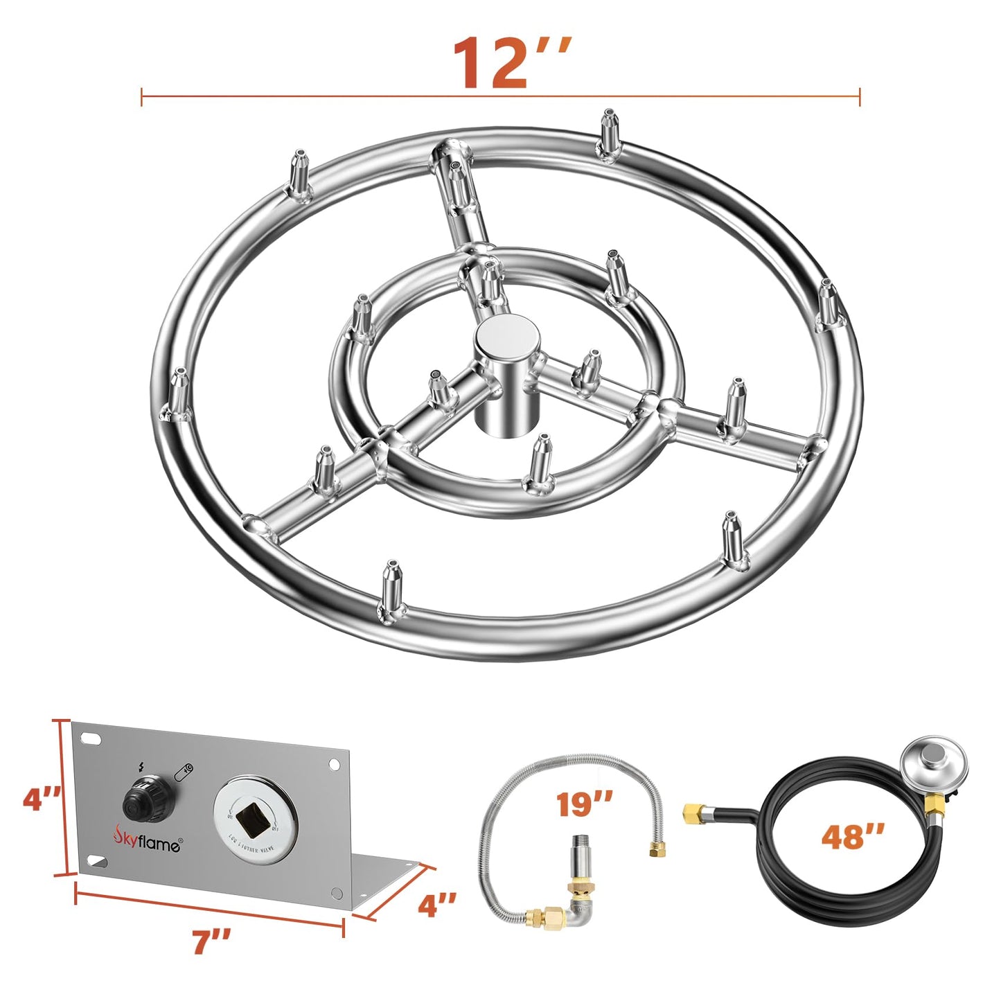 Skyflame Jet Burner Ring Kit, 12" Round Fire Pit Burner with Propane Connection Hose and Ignition Kit for Indoor/Outdoor Fire Pit Fireplace DIY Accessories