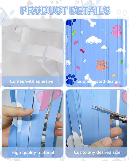 Paw Birthday Decorations, 3 Pack Blue Dog Theme Party Supplies 3.3 x 6.6ft Tinsel Foil Fringe Curtains Photo Booth Props Cartoon Backdrop Streamers for Kids Boys Girs
