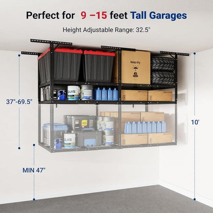 FLEXIMOUNTS 4x8 Overhead Garage Storage Rack - Adjustable Heavy-Duty Metal System | 1000 lbs Capacity, Black