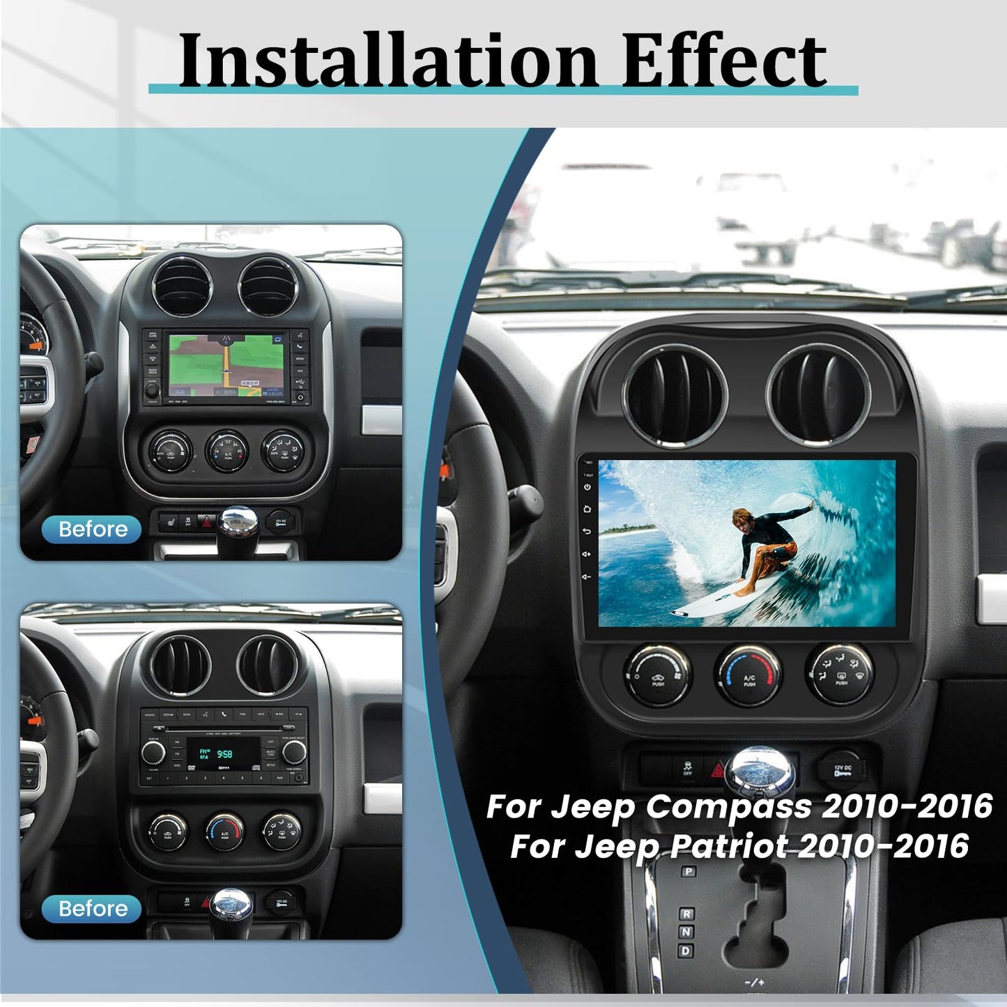 2+64G Android Car Radio for Jeep Compass Patriot 2010-2016 with Wireless CarPlay & Android Auto, 10.1 Inch Patriot Car Stereo with WiFi / 1080P / SWC + AHD Backup Camera + MIC