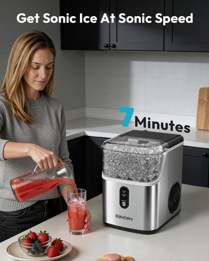 EUHOMY Nugget Ice Maker Countertop, Ready in 7 Mins, 35Lbs/24H Pebble Ice Maker Machine, Self-Cleaning Countertop Sonic Ice Makers with Ice Scoop&Basket, Pellet Ice Maker for Home, Stainless Steel