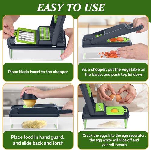 HomeHacks Vegetable Chopper - 12-in-1 Multi-Functional Kitchen Gadget for Dicing, Slicing & Grating | Green
