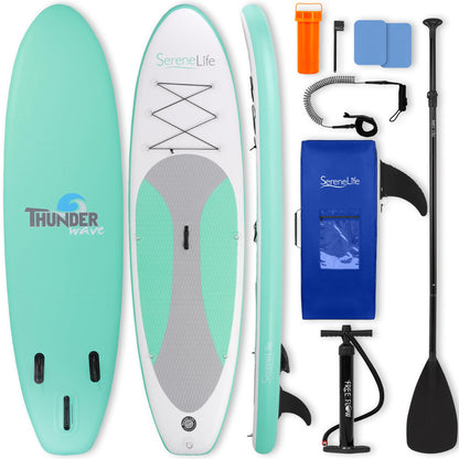 SereneLife 10’ Inflatable Stand Up Paddle Board with Premium SUP Accessories - 32” Wide Stable Design with Non-Slip EVA Deck Pad, for Youth and Adults, 350 lbs. Capacity