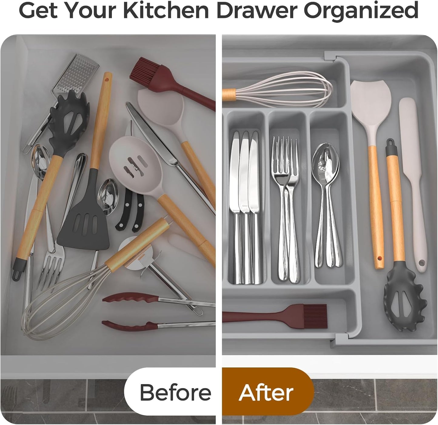 Ukeetap Extra Large Expandable Silverware Organizer - BPA-Free Cutlery Holder | Adjustable Gray Design