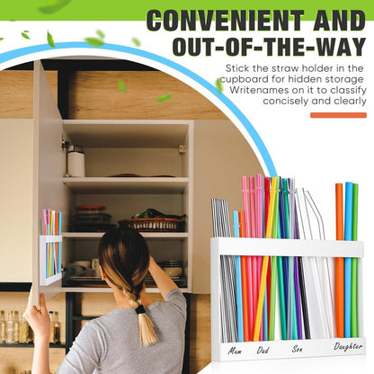 Qinyoung Acrylic Straw Holder for Cabinet Door with Double Sided Adhesive Tape Reusable Straw Organizer Tumbler Storage Kitchen Accessories Container for Counter Cupboard(Classic,Large,White)