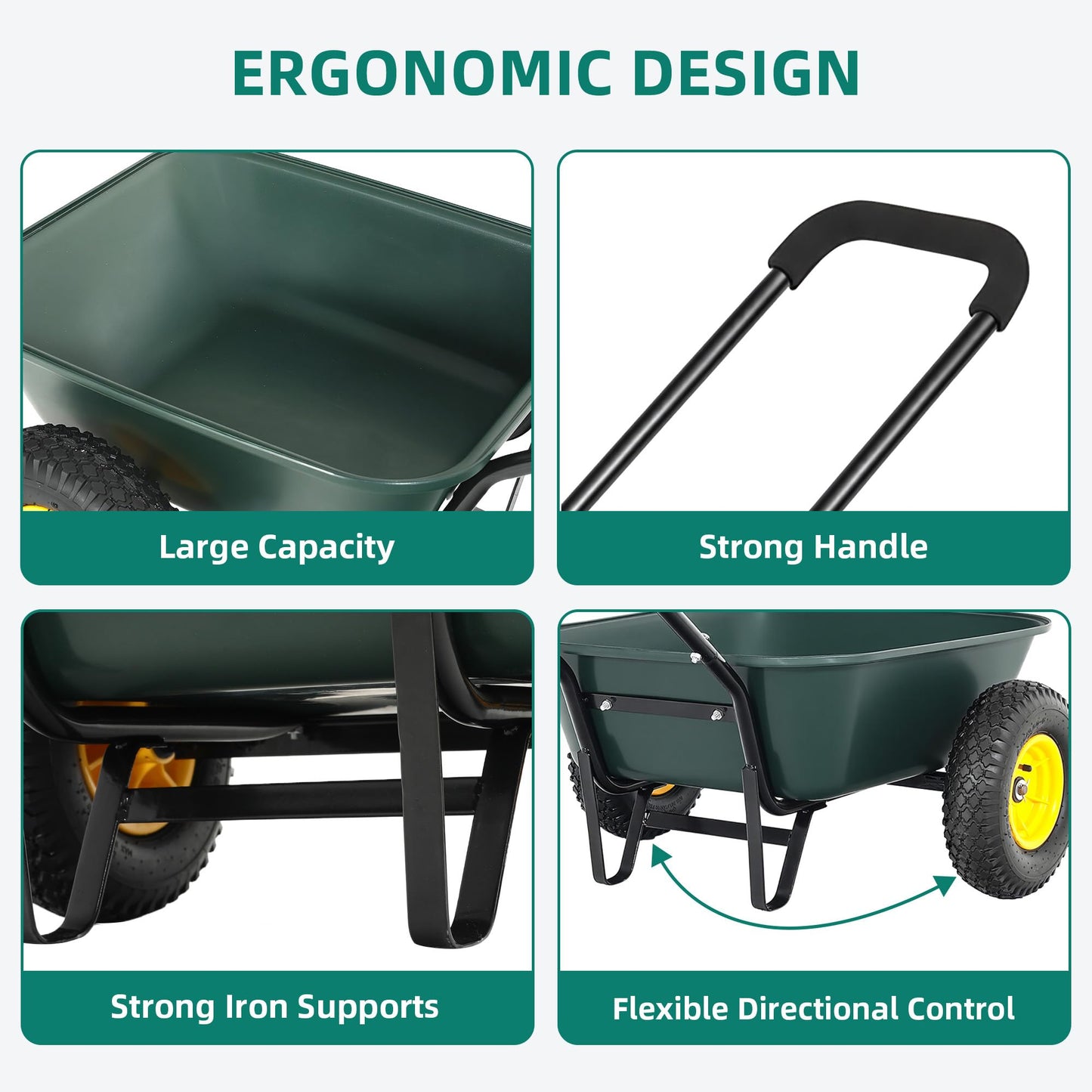 Ultym 2 Wheel Wheelbarrow, Dual-Wheel Garden Dump Cart with 10" Non-Slip Pneumatic Tires & Ergonomic Padded Handle, Heavy-Duty Home Utility Yard Cart Wagon with 3 Cu Ft Capacity for Lawn, Gardening