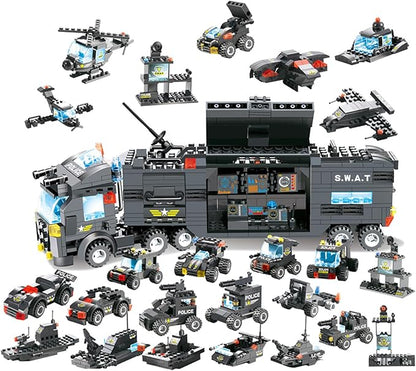 8 in 1 City Police Station Building Kit SWAT Mobile Command Center Truck Building Toy with Police Car Helicopter Patrol Boat Best Learning and Roleplay Swat Toy Gift for Boys and Girls-647 Pieces