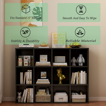OSCHF 12-Cube Storage Shelf Bookcase - Wooden 3-Tier Floor Standing Open Bookshelf for Home and Office, Display Cabinet, Black