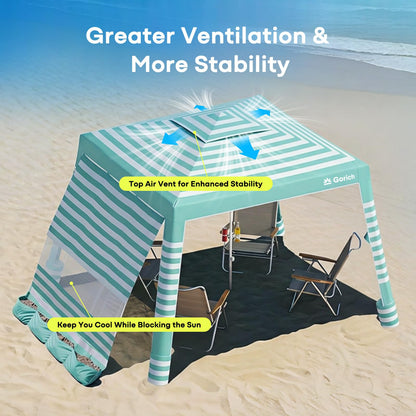 Gorich Beach Cabana with UPF50+ UV Protection, 8x8 FT/10x10 FT Beach Canopy Tent with Side Wall, Easy Setup, Windproof Portable Sun Shelter Shade for Family