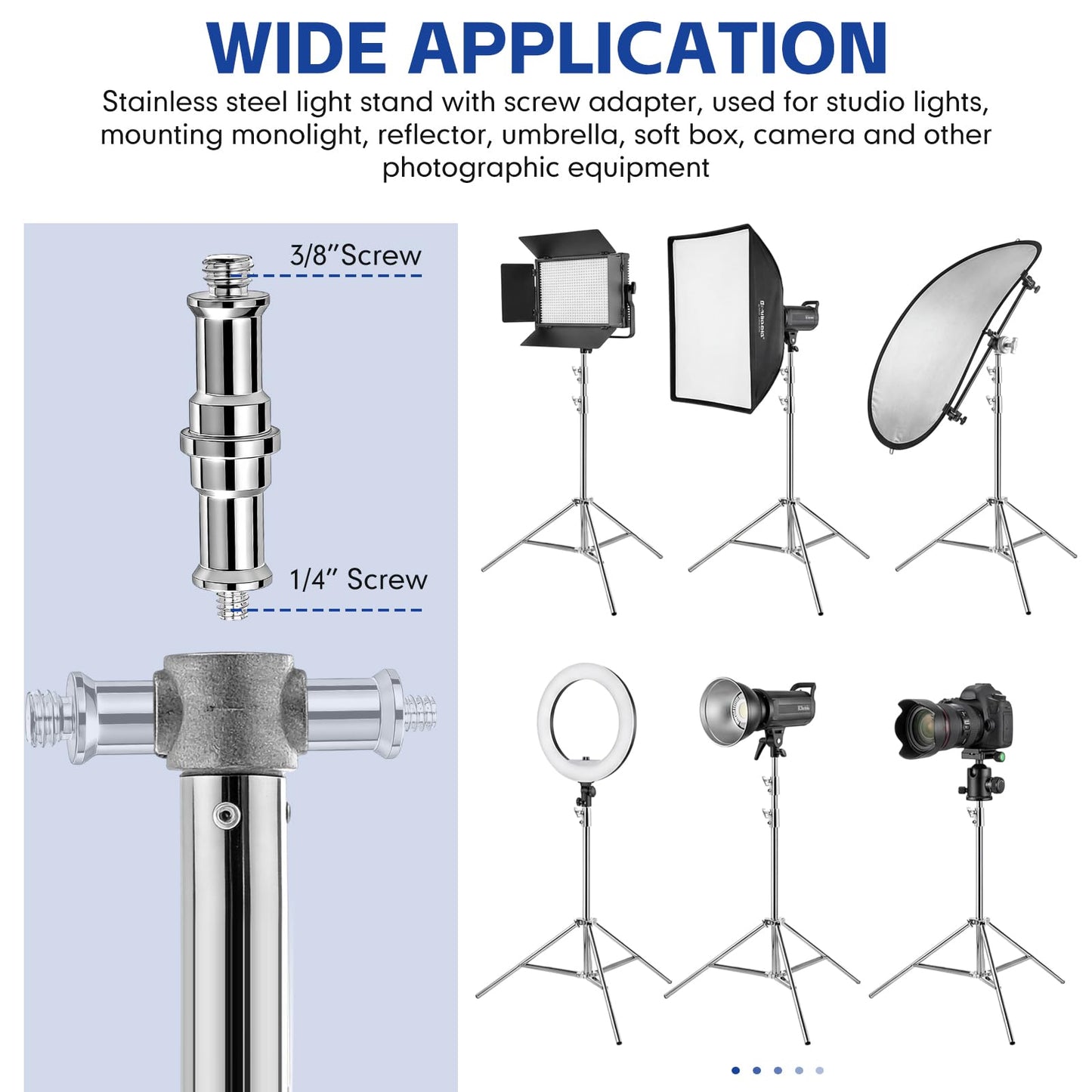Tellegloww 4 Pack 9.2 FT Stainless Steel Light Stand Photography with 1/4” to 3/8” Screw Adapter Heavy Duty Photography Tripod Lights Stand for Strobe LED Video Lights Ring Light Monolight Softbox
