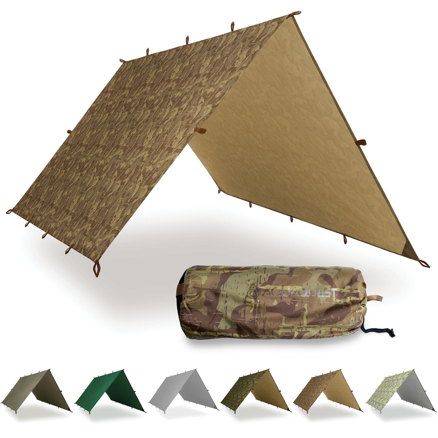 AquaQuest Safari Tarp – Lightweight Waterproof (5,000 mm) Seam-Taped Ripstop Rain Fly for Backpacking, Thru-Hiking & Hammock Camping – 10x10 True Terrain Camo