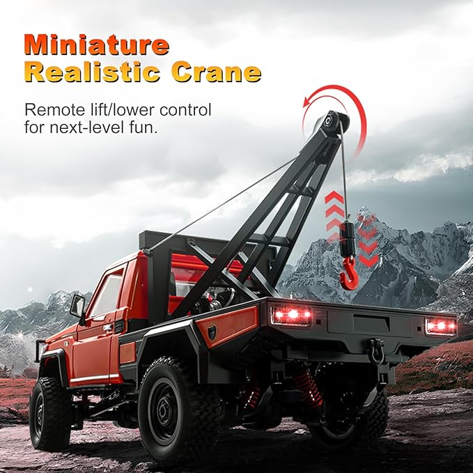 RC Crawler 1:12 Scale New Upgrade MN82-T RC Truck Crane 4WD LC79 Off Road Remote Control Pickup with Lights All Terrain Wrecker Vehicle for Teens Adults (Red)