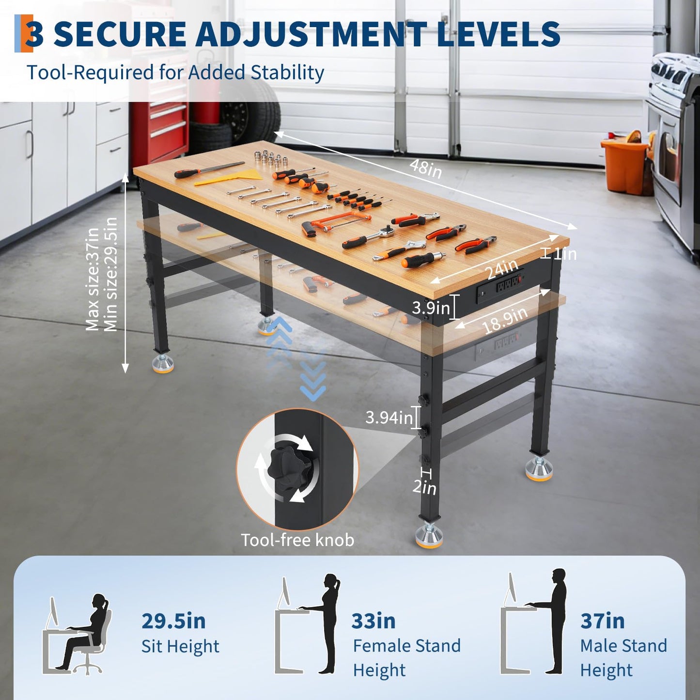 48" Work Bench with Power Outlet, 48" x 24" Work Benches for Garage, Adjustable Height Workbench, 2000 LBS Tool Bench for Workshop & Home