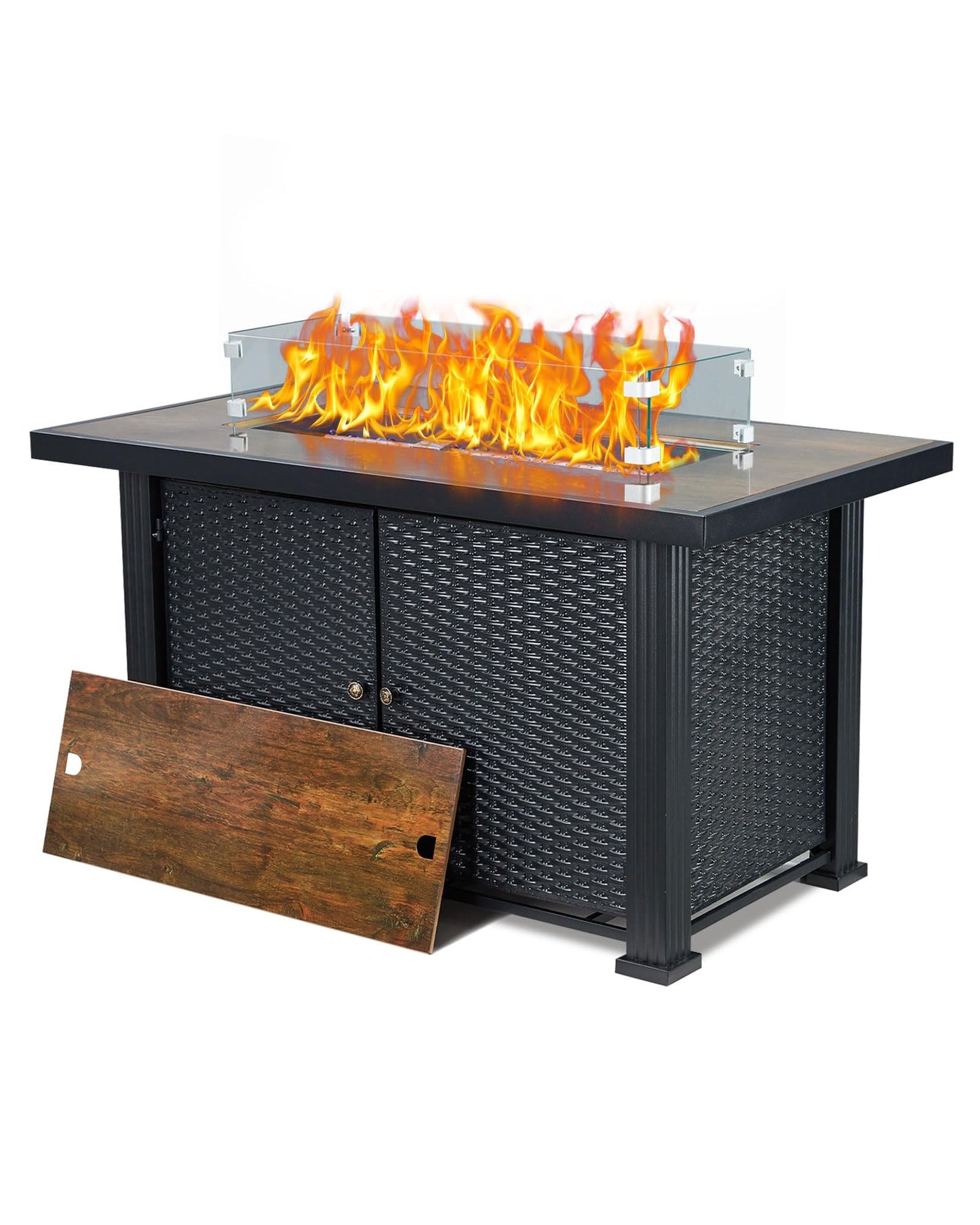 GarveeLife 44 in Propane Fire Pit Table,50000 BTU Fire Table with Ignition System,Outdoor Fire Table with Glass Rocks for Patio Garden Backyard,Rain Cover and Wind Guard Glass Included
