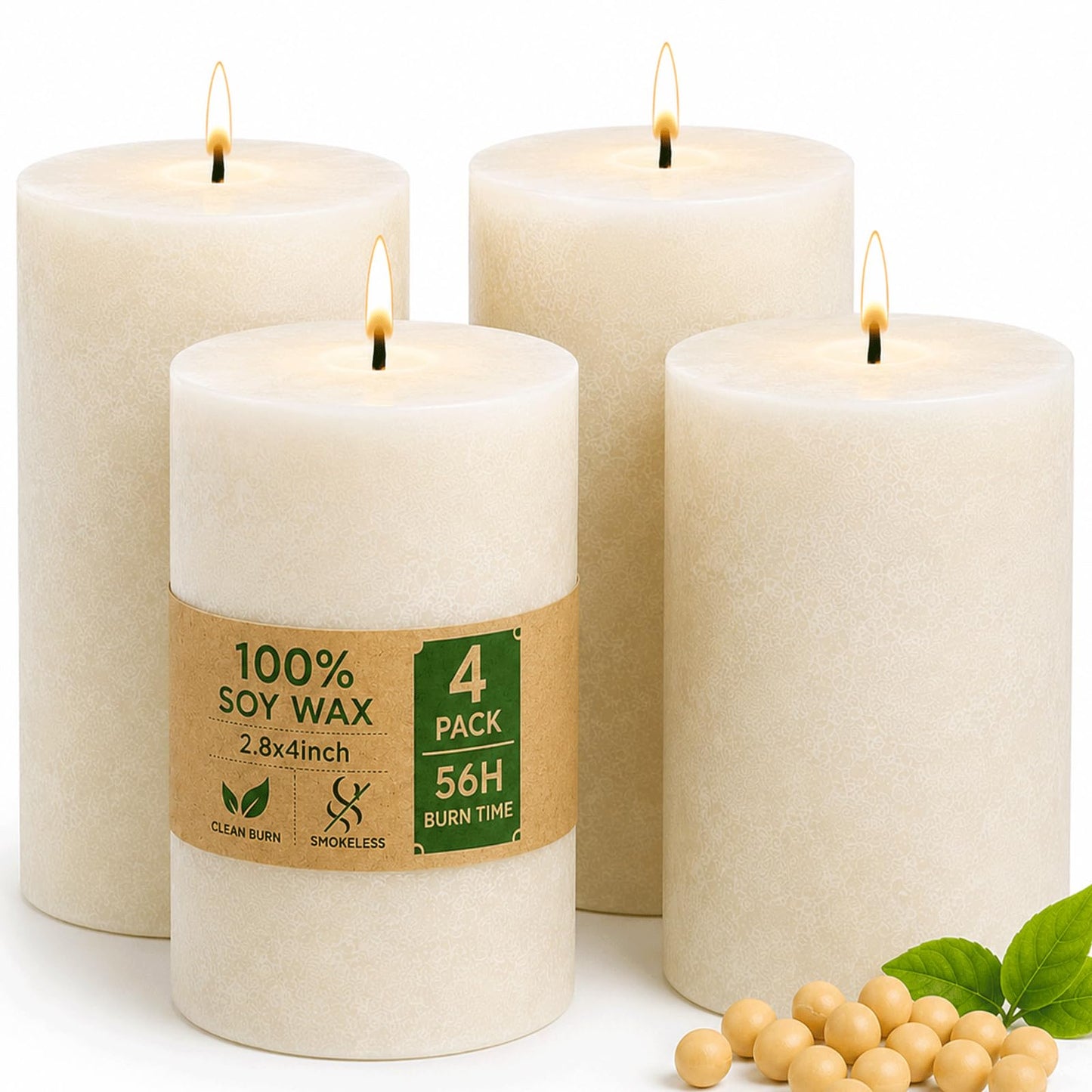 4 Pack Soy White Pillar Candles,Natural Soybean Pillar Candles,55 H Long Lasting Burning-Unscented,Dripless and Smokeless Rustic White Hand-Poured Candles Dinner Table,for Wedding,Home Decor 2.8x4in