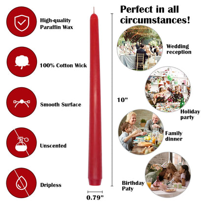 Red Taper Candles, Set of 24 Unscented and Smokeless 10 Inch Taper Candles Long Burning, Paraffin Wax with Cotton Wicks for Burning Approxinately 7-8 Hours Time