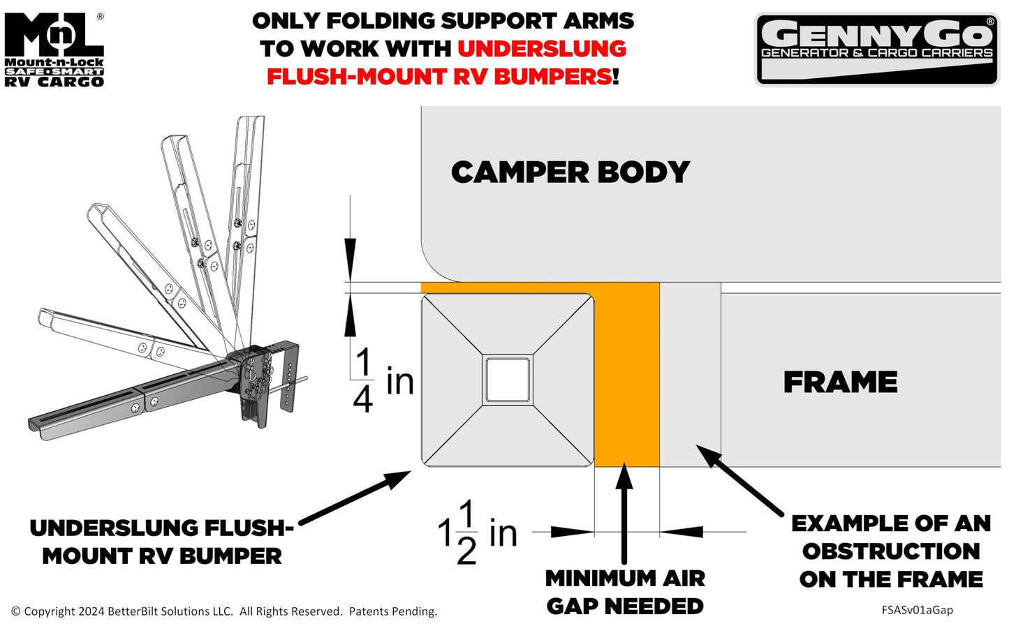 Mount-n-Lock RV Bumper Bundle (2 Items): 1 Set HD SafetyStruts, 1 Pair GennyGo Folding Arms (1SSNHD, 2FSAS)