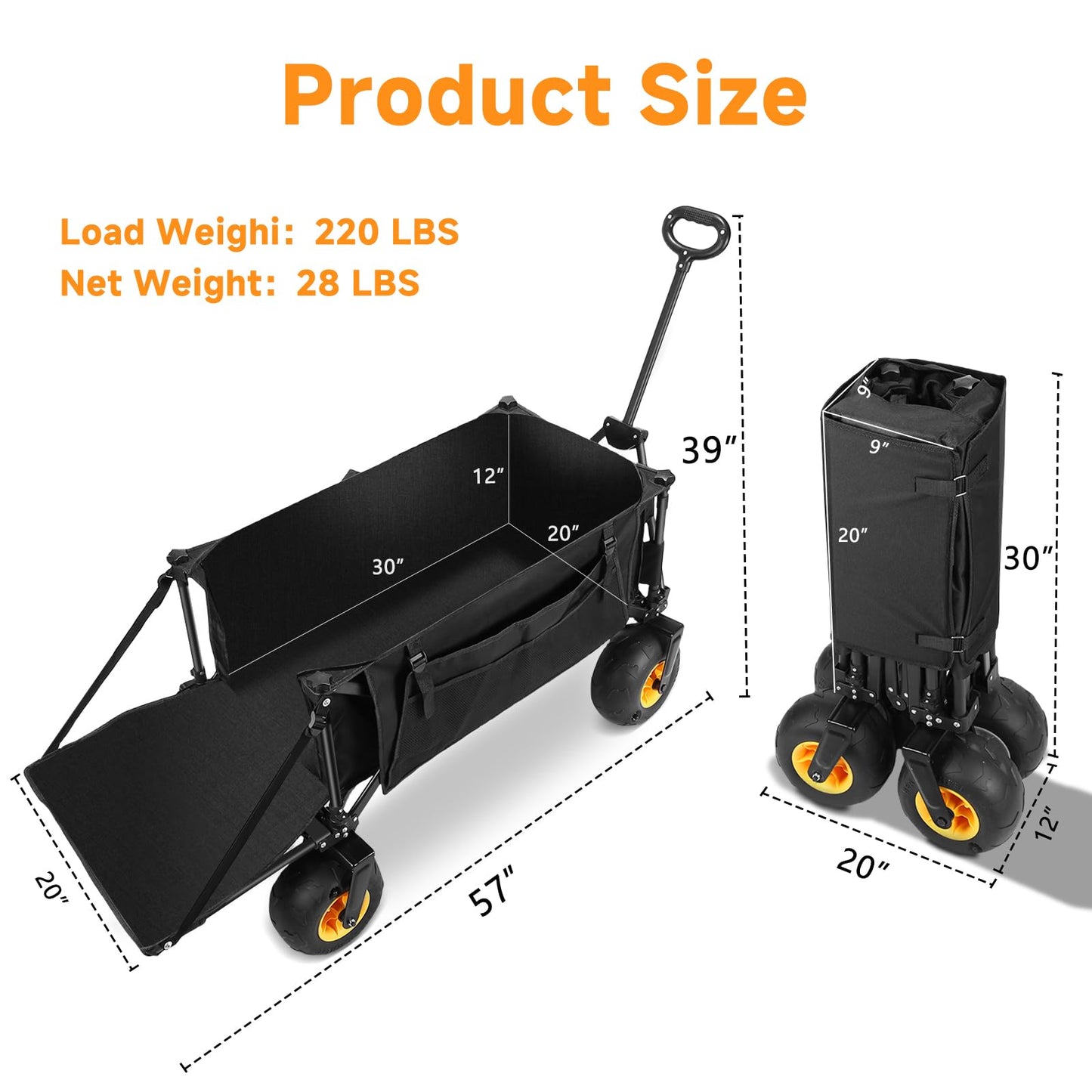 Wheelive Outdoor Wagon with Inflatable All-Terrain Big Wheels,220 LBS Heavy Duty Folding Beach Wagon with Extra Long Extender,Grocery Cart with Cup Holders and Pocket for Groceries, Garden & Camping