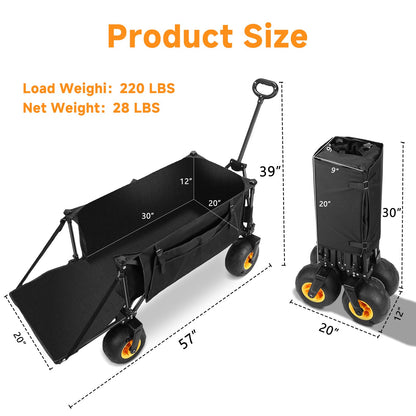 Wheelive Outdoor Wagon with Inflatable All-Terrain Big Wheels,220 LBS Heavy Duty Folding Beach Wagon with Extra Long Extender,Grocery Cart with Cup Holders and Pocket for Groceries, Garden & Camping