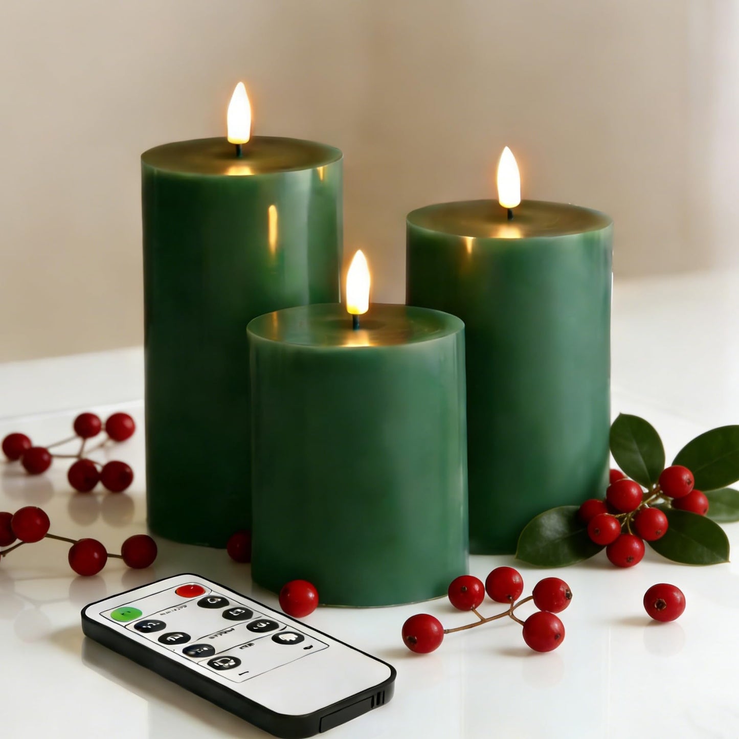 Eywamage Green Flameless Pillar Candles with Remote, Flickering Battery Operated LED Wax Candles Set of 3