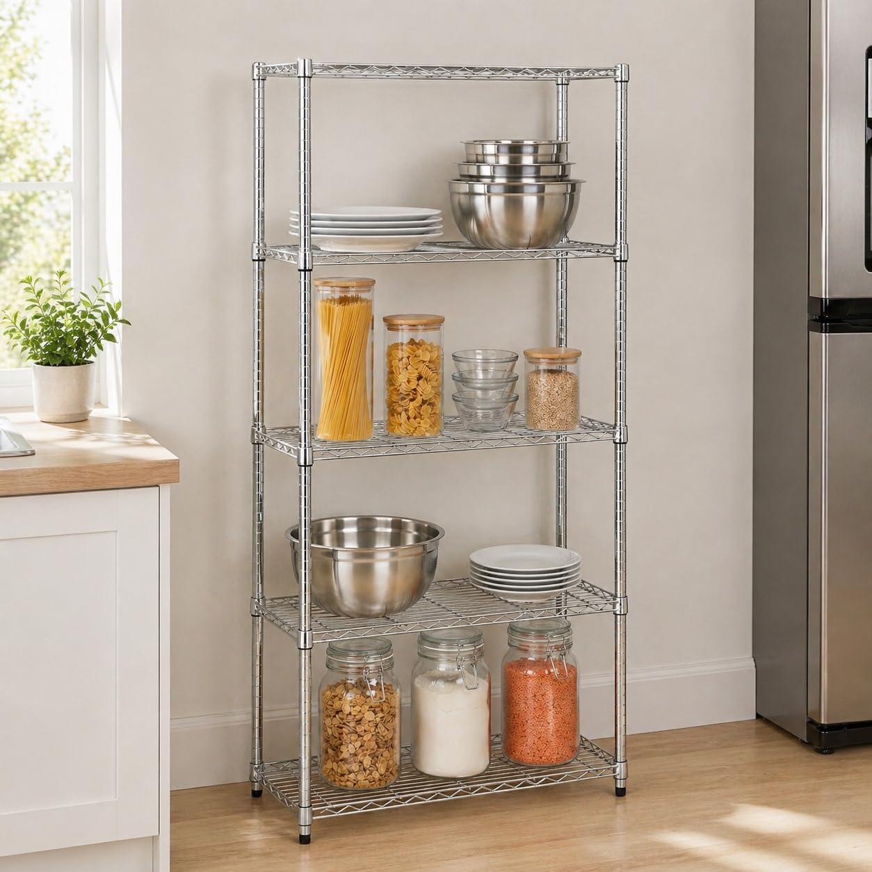 Honey-Can-Do 5-Tier Heavy Duty Adjustable Shelving Unit with Wheels, 350-lb Per Shelf NSF Certified Rolling Metal Storage Rack, Chrome Wire Shelf, 36 x 18 x 72 in