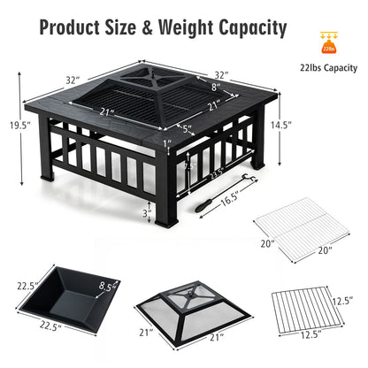 OFFICEJOY 32 inch Outdoor Fire Pit, 3 in 1 Bonfire Wood Burning Fire Pit Table with Spark Screen, BBQ Grill, Poker, Rain Cover, Log Grate, Metal Bonfire Stove Firepit for Outside Backyard Patio