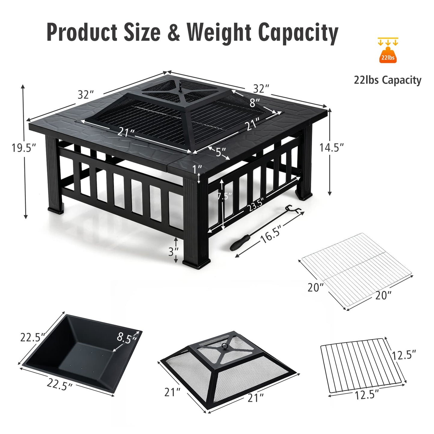 OFFICEJOY 32 inch Outdoor Fire Pit, 3 in 1 Bonfire Wood Burning Fire Pit Table with Spark Screen, BBQ Grill, Poker, Rain Cover, Log Grate, Metal Bonfire Stove Firepit for Outside Backyard Patio