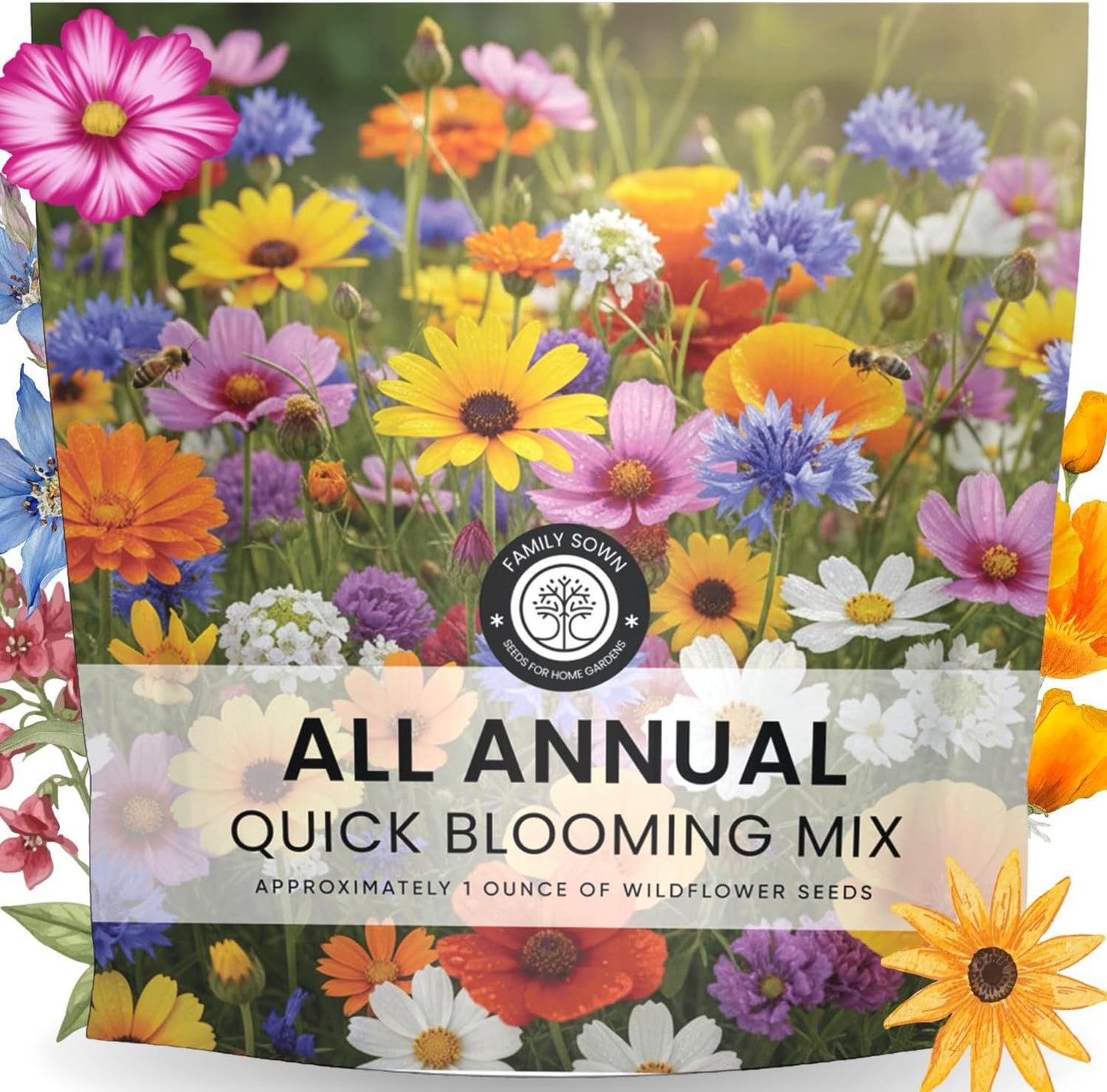 All Annual Quick Blooming Mix - 16,000 Wildflower Seeds for Planting - Large 1 Ounce Packet