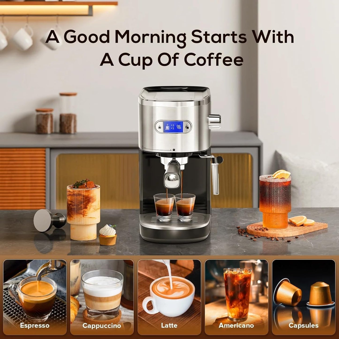 Xbeauty Espresso Machine 20 Bar, Semi-Automatic Professional Coffee Machine for Cappuccino & Latte with Milk Frother Steam Wand,LCD Display,45 oz Removable Water Tank,NTC Digital Temp Control,Black