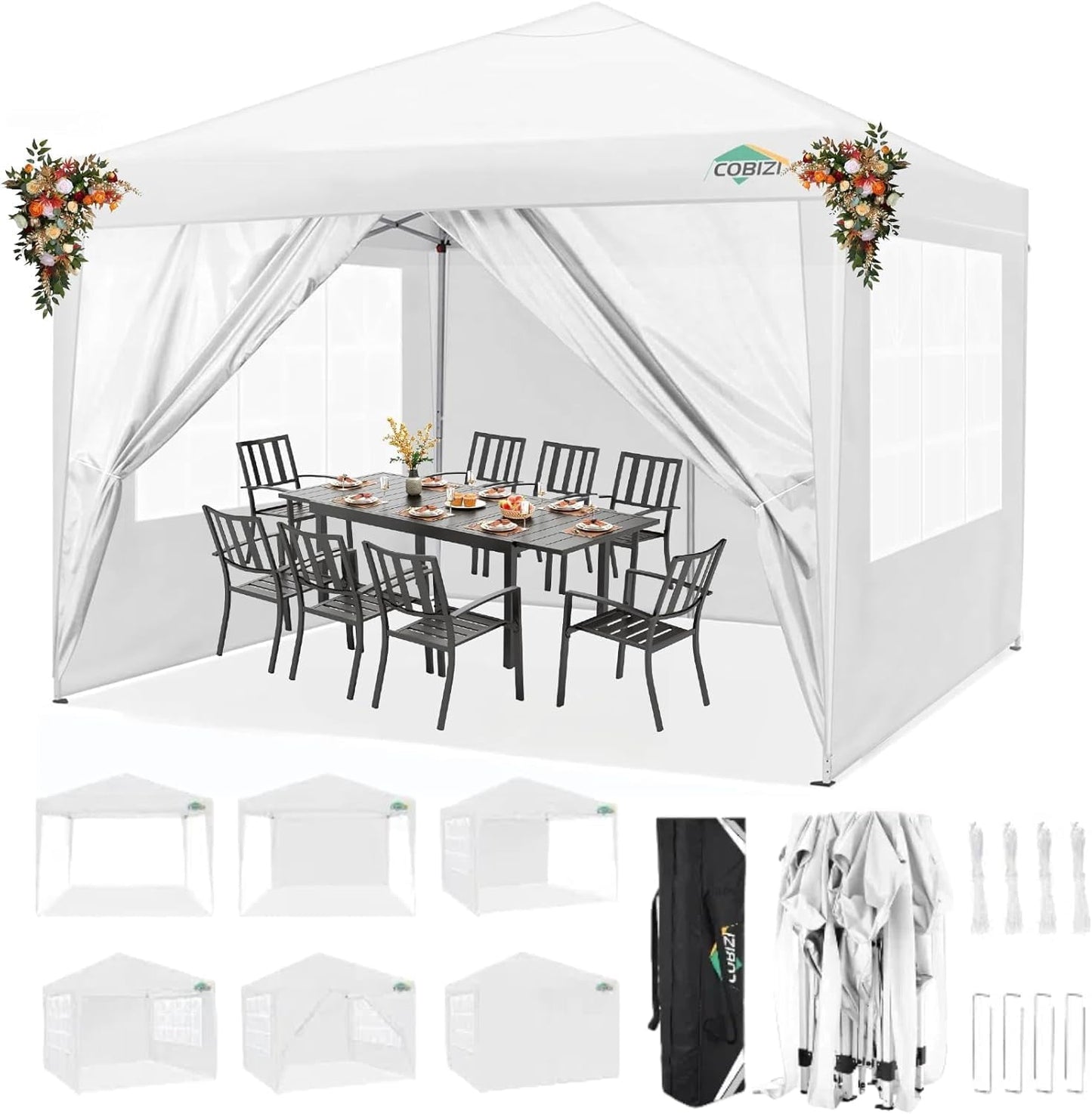 COBIZI 10x10 Pop Up Canopy Tent with 4 Sidewalls Party Tents Waterproof UPF 50+ Commercial Instant Outdoor Events Tent for Parties Markets Backyard, Ropes（10 x 10 ft White
