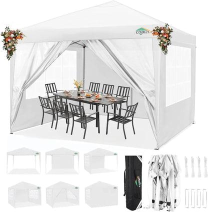 COBIZI 10x10 Pop Up Canopy Tent with 4 Sidewalls Party Tents Waterproof UPF 50+ Commercial Instant Outdoor Events Tent for Parties Markets Backyard, Ropes（10 x 10 ft White