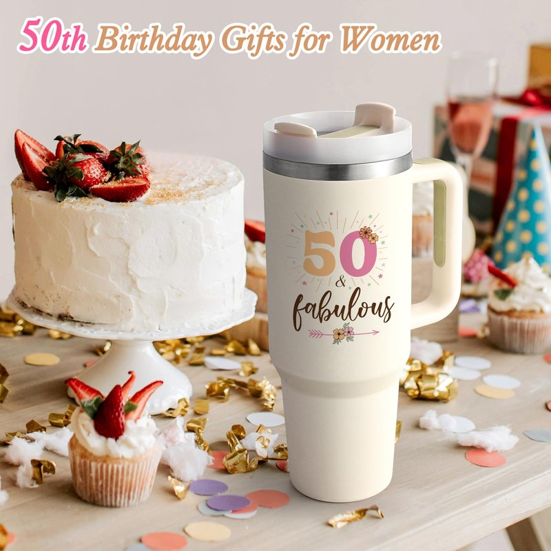 Gtmileo 50th Birthday Gifts for Her Women, 1975 Birthday Gift For Women 40oz Tumbler with Handle, 50 Year Old Birthday Gifts for Women, Cool Gifts for 50th Birthday Woman for Friends Family, Beige