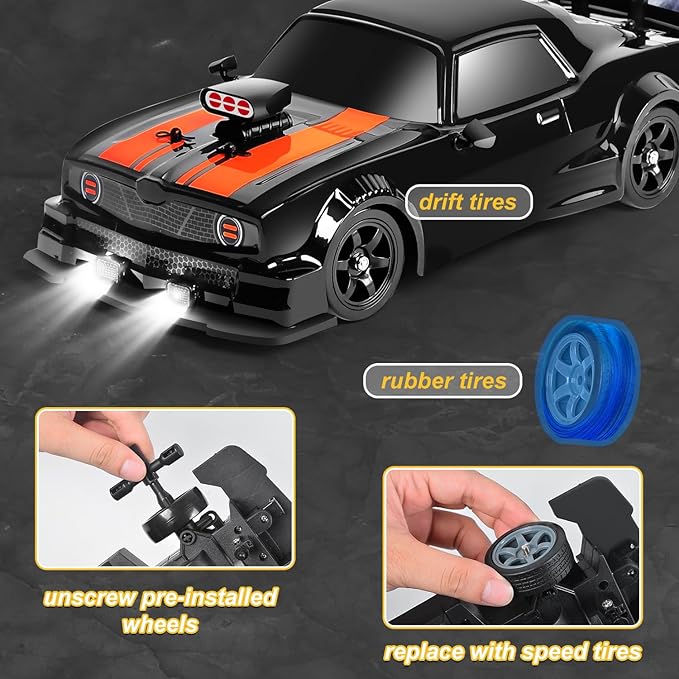 Fistone RC Drift Car 2.4GHz 1:16 Scale 4WD 18KM/H High Speed Remote Control Car with LED Lights 2 Batteries and Rubber Tire Racing Sport Toy Vehicle for Adults Boys Girls and Kids
