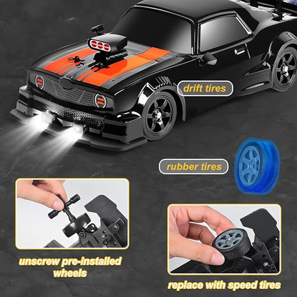 Fistone RC Drift Car 2.4GHz 1:16 Scale 4WD 18KM/H High Speed Remote Control Car with LED Lights 2 Batteries and Rubber Tire Racing Sport Toy Vehicle for Adults Boys Girls and Kids