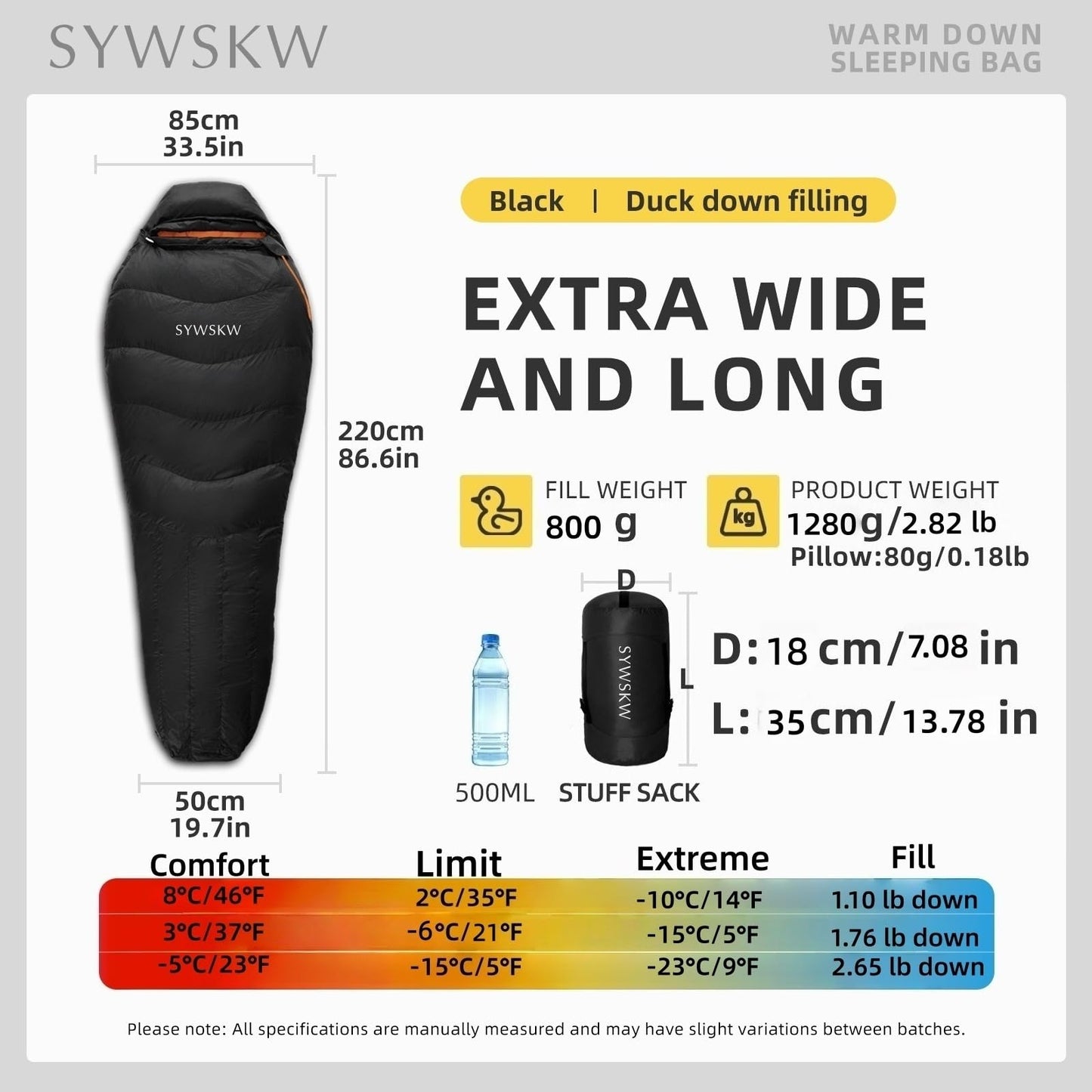 SYWSKW Down Sleeping Bag with Pillow for Backpacking,15℉ 5℉ 0℉ Wide Down Sleeping Bag (86.6 in x 33.5 in) for Adults,Teens,Youth Camping and Hiking Outdoor with 680FP Duck Down
