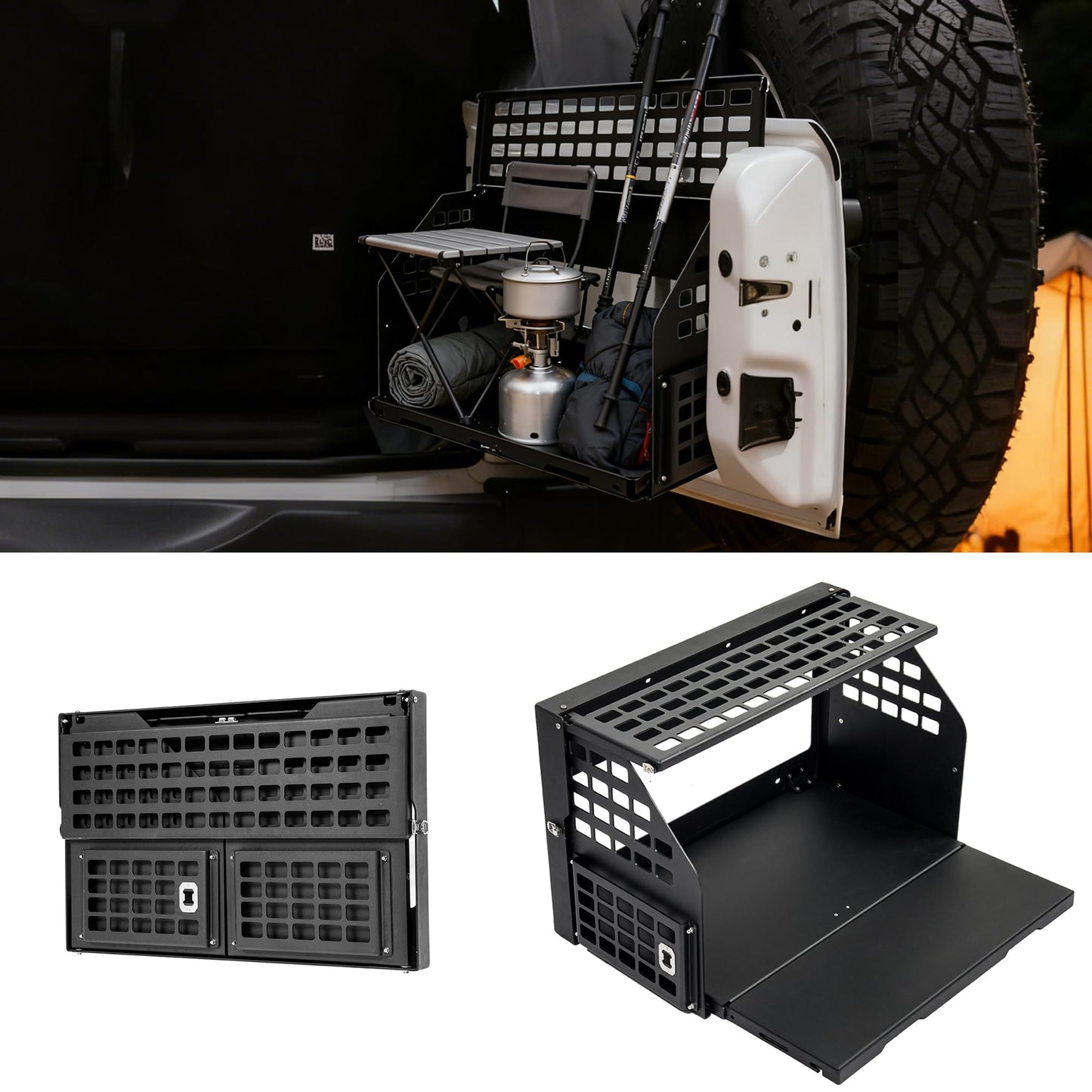Turmaul Tailgate Table w/Molle Panel Compatible with Jeep Wrangler 2007-2017 JK JKU 2018-2023 JL JLU 2/4 Door Rear Door Foldable Cargo Shelf Storage Rack Camping Travel Cooking Outdoor Accessories