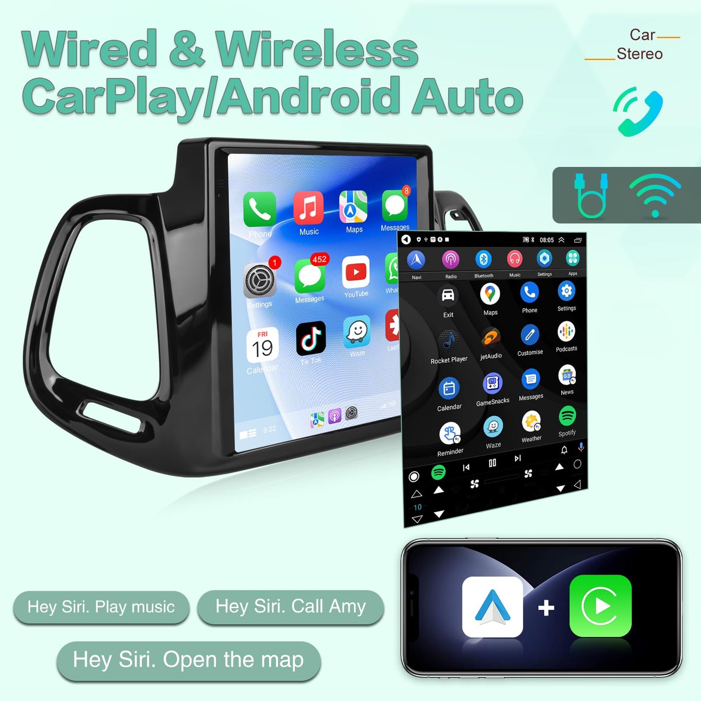2G+64G 9.7 inch Screen for Jeep Compass Radio 2017 2018 2019, Android Touch Screen Compass Car Stereo, Carplay/Android Auto/Bluetooth/EQ Audio/SWC
