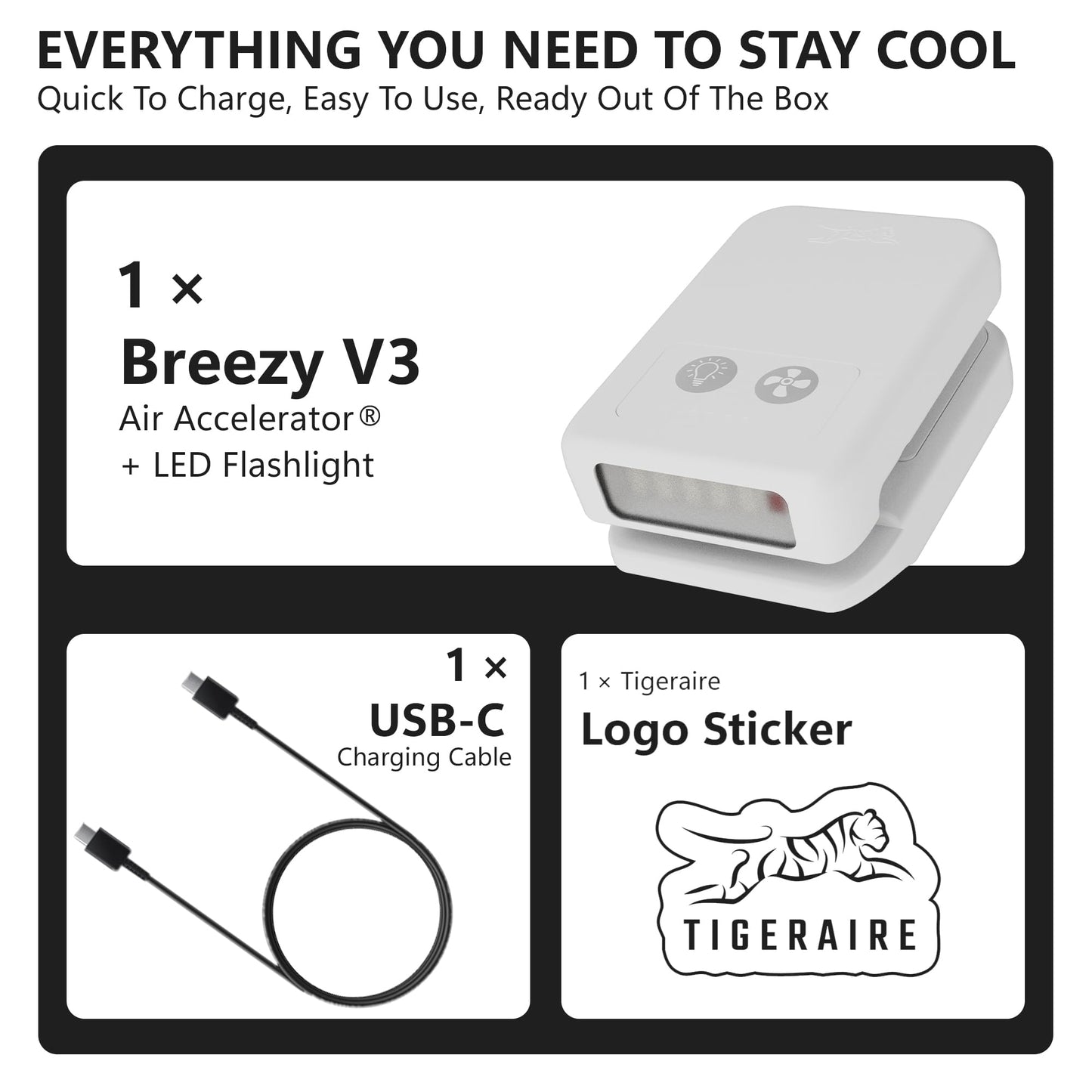 Tigeraire Breezy Clip-On Hat Fan for Sportsmen & Tradesmen - Lightweight Head Cooler, USB-C Recharge, 11 MPH Airflow, 10+ Hr Runtime, Defogs Eyewear & Face Shields - Portable Heat Relief - White